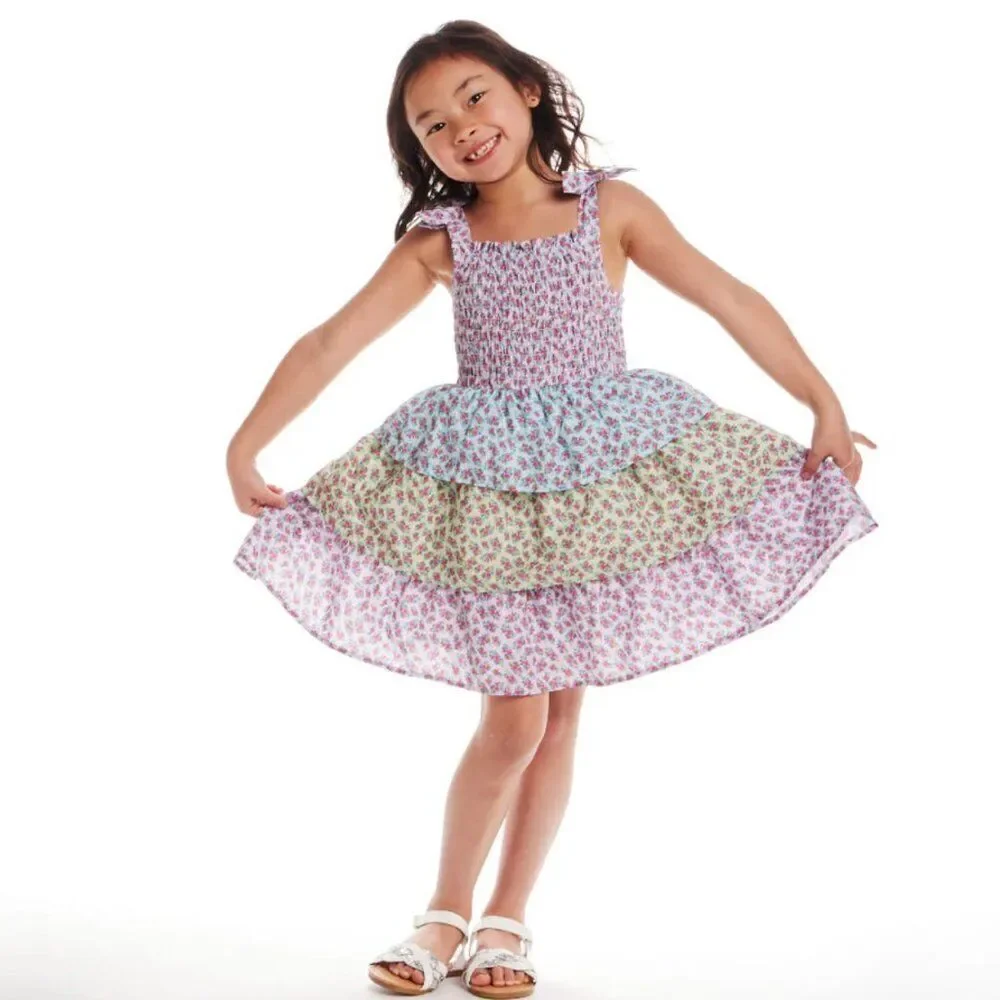 Andy and Evan floral Tiered smocked sundress Pink and Purple size 3T NWOT